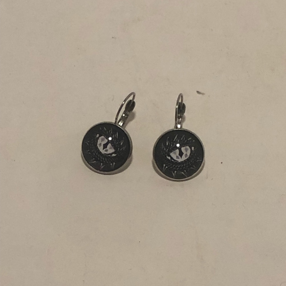 Round Dragon Eye Drop Earrings - Black, White and Silver-tone